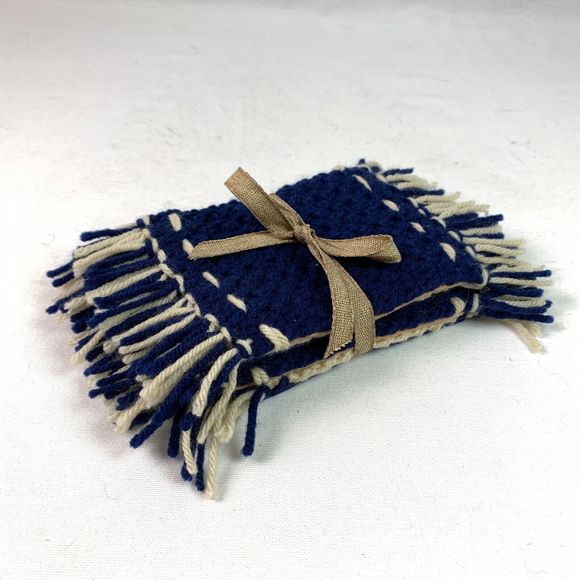 Mug Rugs Coasters Handmade Crochet Navy Blue Beige Fringe Felt Back Set of 4 - Picture 2 of 10
